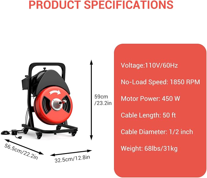 50FTx1/2 Inch Drain Cleaner Machine - Image 2
