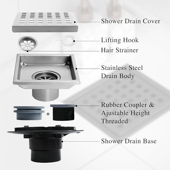 6 Inch Square Shower Floor Drain, Stainless Steel Flange - Image 5