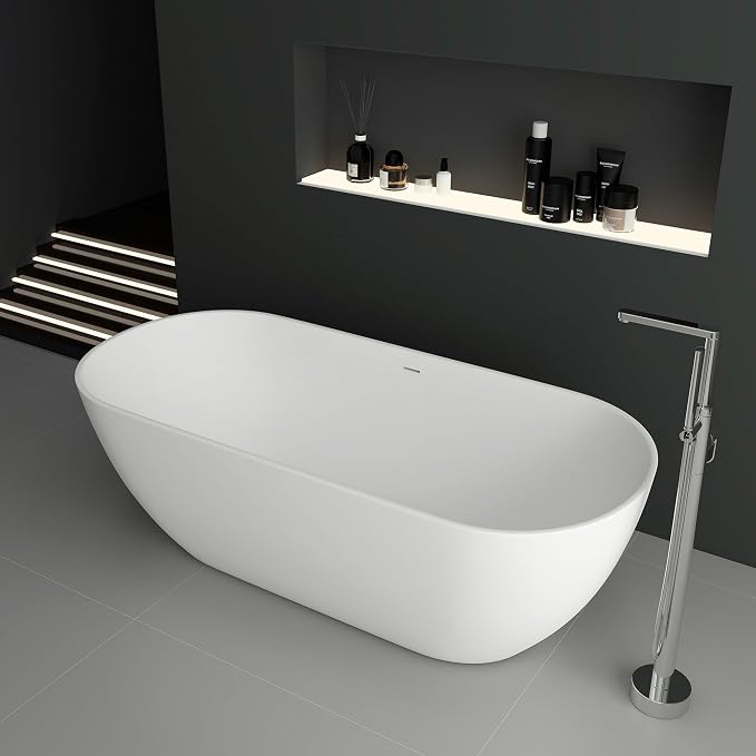 SJ STAR&JANE 69" Solid Surface Freestanding Bathtub, Matte White Oval Stone by SJSTARJANE