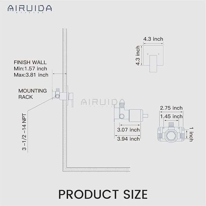 Airuida Square Single-Function Brass Faucet Shower Rough-in Valve Male Thread - Image 6