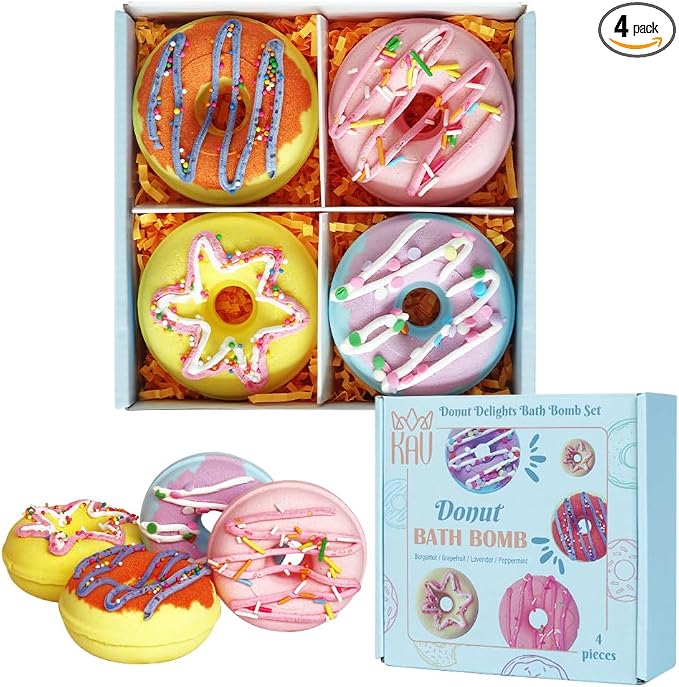 KAV Donut Bath Bombs Gift Set – 4 Piece Handmade Organic Bath Bomb Kit by KAV