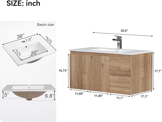 Floating Bathroom Vanity with Sink Wall Mounted Cabinet with 2 Soft-Close - Image 2