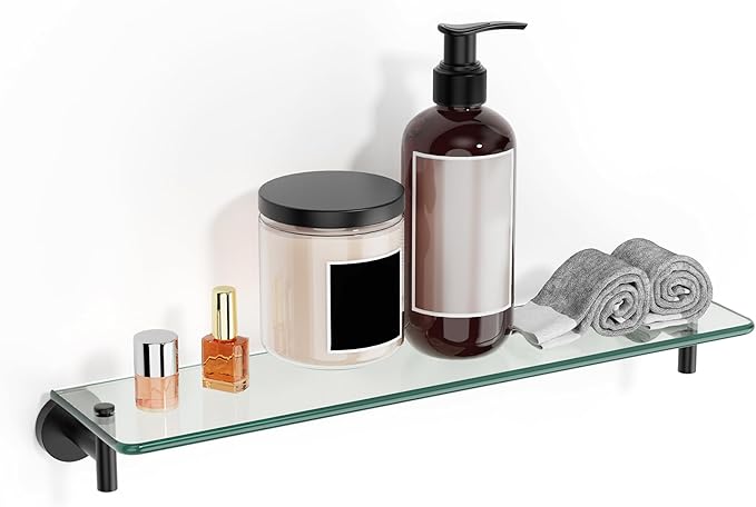 Glass Shelves for Bathroom, 16-Inch Matte Black Floating Bathroom Shelf by HOMELIFE
