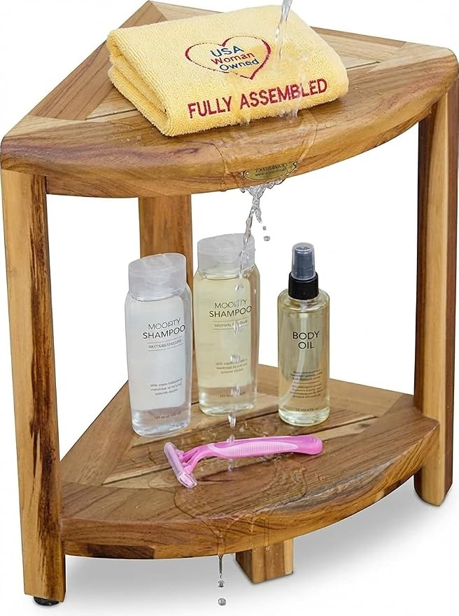 EcoDecors Fully Assembled SnazzyCorner® 18" Teak Shower Bench, Corner Shower by EcoDecors