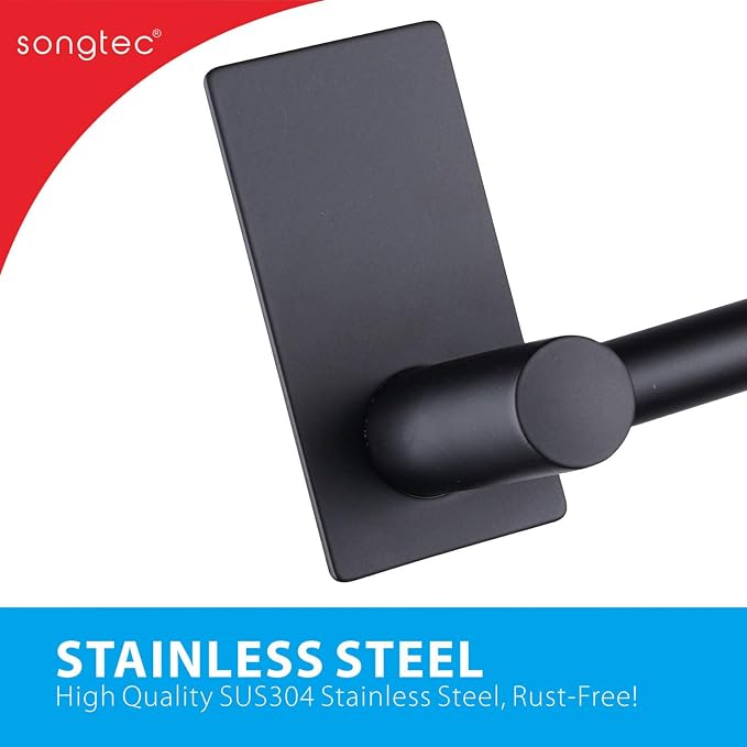 Songtec Stick Towel Bar Black 12-Inch, Adhesive Bath Towel Rack No Drill - Image 6