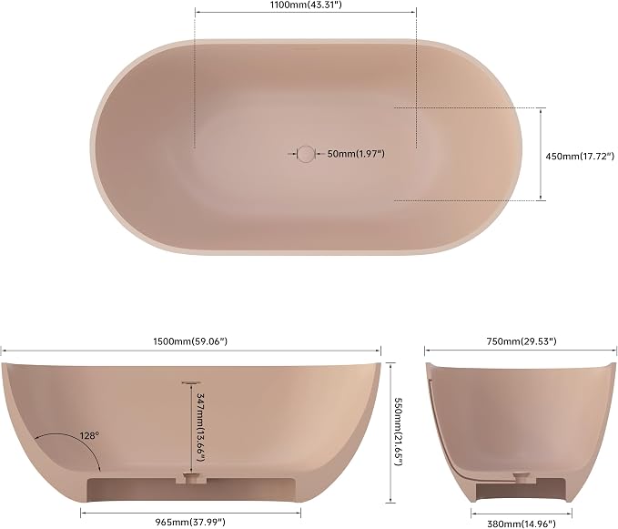 Premium 59" Pink-Sandstone Solid Surface Free Standing Tub, Upgraded Oval Resin - Image 6