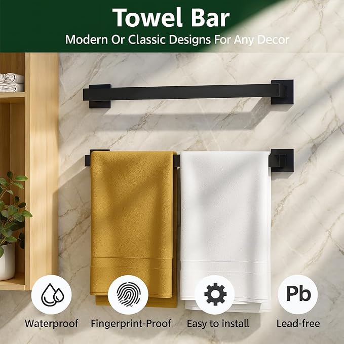Matte Black 5-Piece Bathroom Hardware Set， INDARE Towel Rack - Image 2
