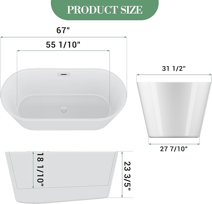67 Inch Acrylic Soaking Bathtub, Modern Stand Alone Tub - Image 8