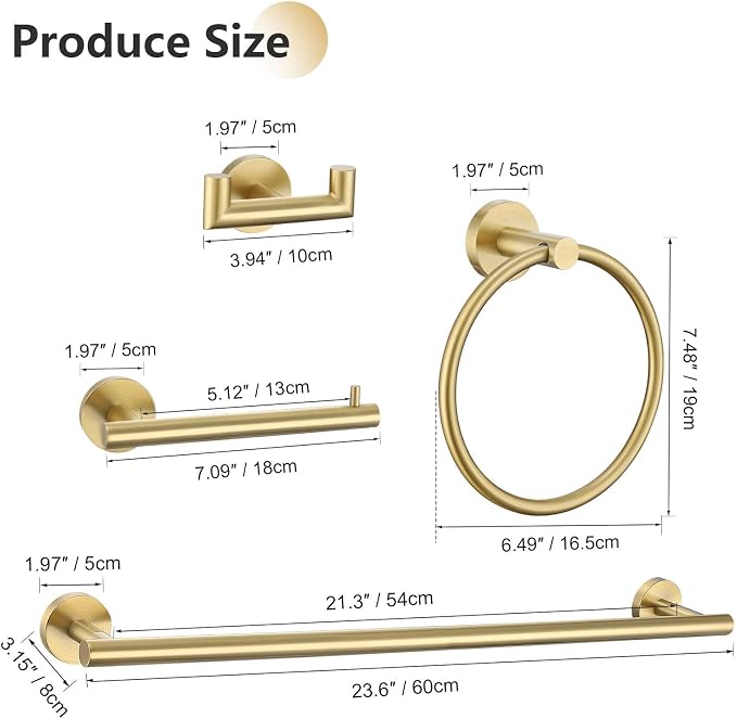 10-Piece Brushed Gold Towel Bar Set Bathroom Hardware Set Include 23.6in Towel - Image 6