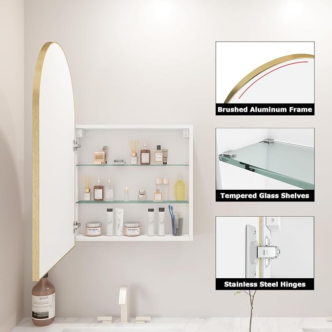 FKWin Gold Medicine Cabinet Mirror, Surface Mount Bathroom Storage Cabinet - Image 4