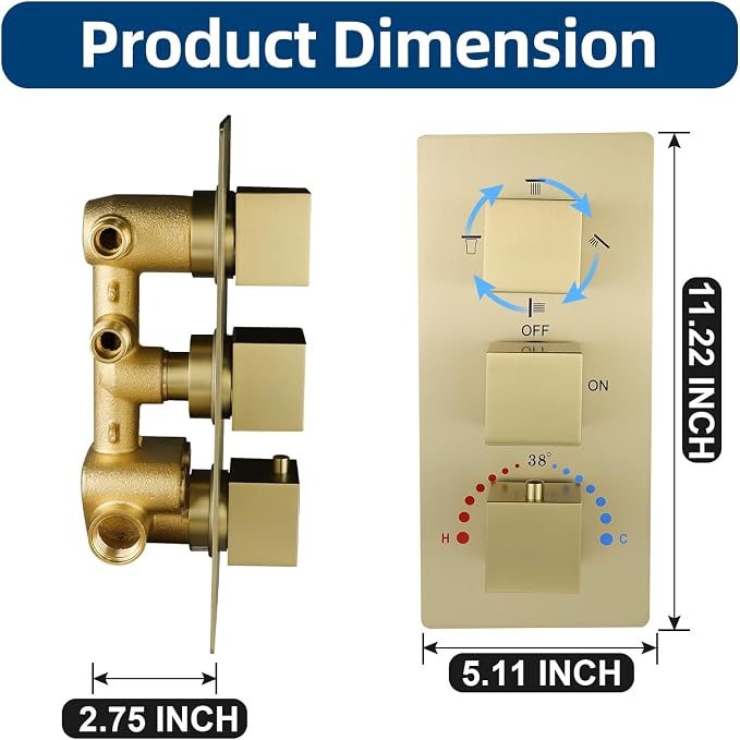 Brass 4 Ways Shower Diverter Valve Brushed Gold, HOMEDEC Thermostatic 4 Outlets - Image 4