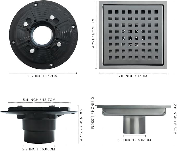 6 Inch Square Shower Drain, SUS 304 Stainless Steel Shower Drain - Image 2