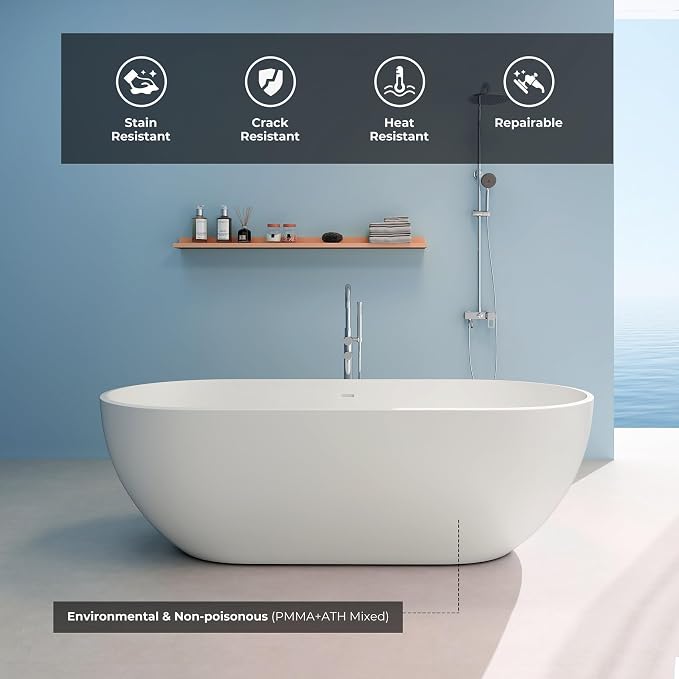 69" Premium Solid Surface Freestanding Bathtub, Oval Stone Resin Tub - Image 5