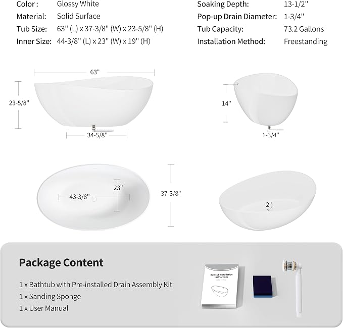 63" Freestanding Solid Surface Bathtub - Image 5