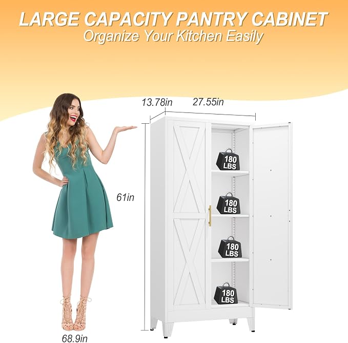 61" H Metal Kitchen Pantry Storage Cabinet, Freestanding Cupboard - Image 3