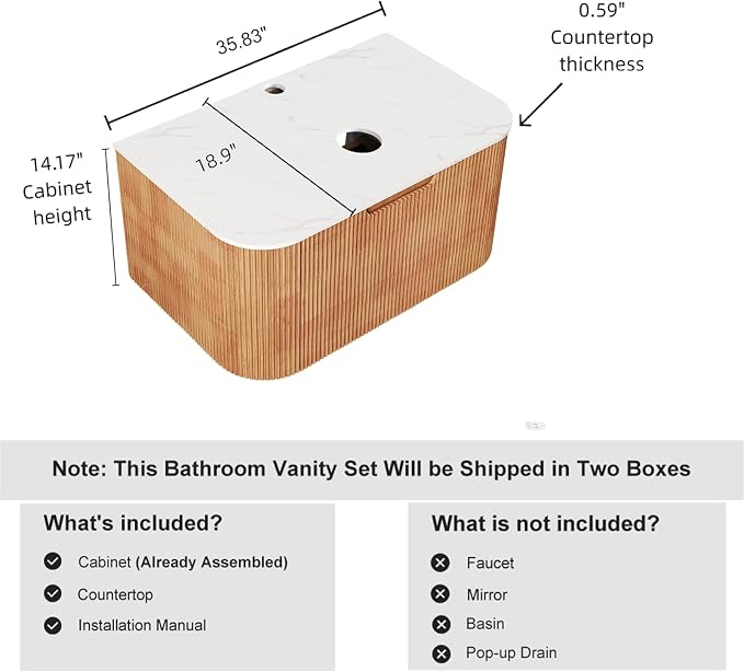 36" Floating Bathroom Vanity Without Sink, Marble Top, Solid Wood Surface and - Image 2