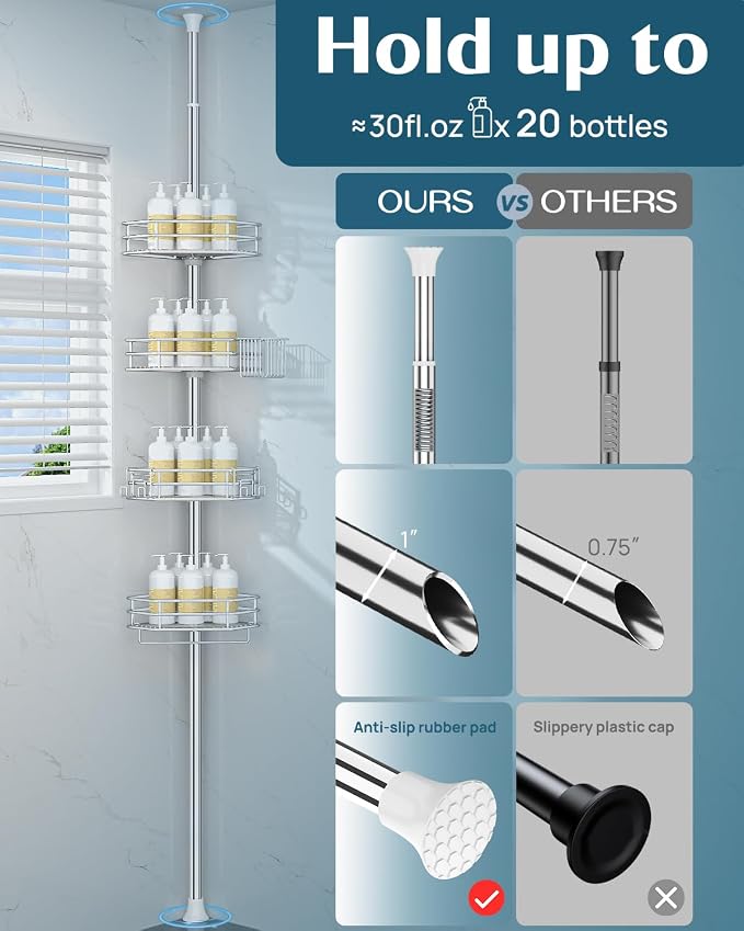 SEIRIONE Corner Shower Caddy Tension Pole, Quick Setup, Rust-Free Bathroom - Image 5