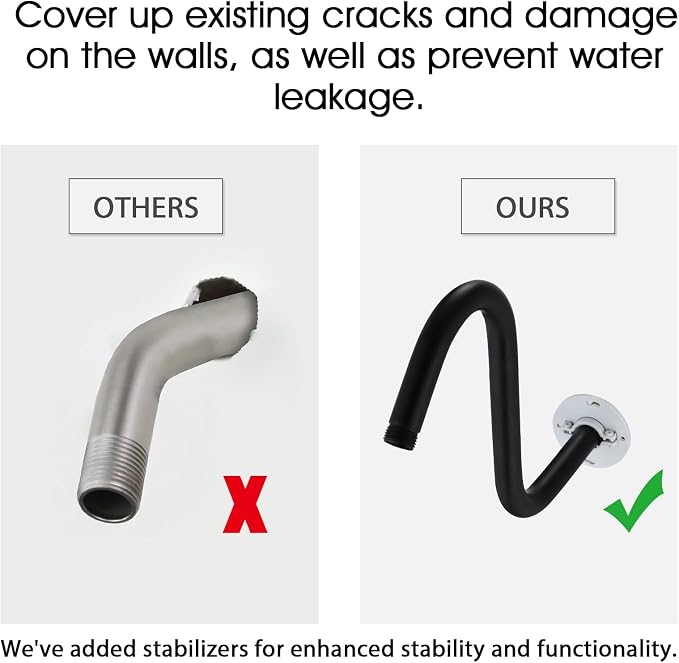 Shower Head Arm 10 Inch Matte Black, S Shaped Shower Head Extender Arm - Image 2