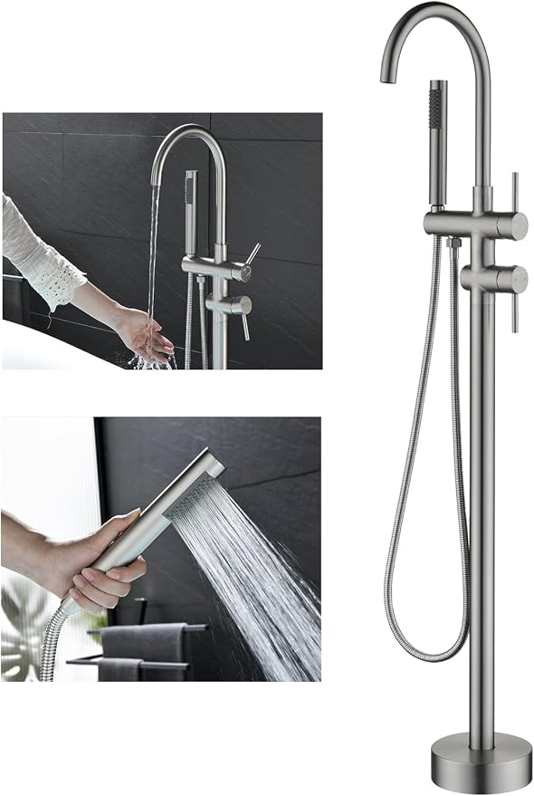 Freestanding Bathtub Faucet Floor Mount Tub Filler Brush Nickel, OMEKNTOP by OMEKNTOP