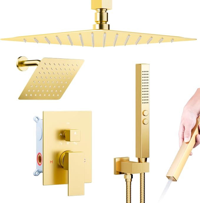 Dual Shower System Brushed Gold, Five Functions Knob Diverter Rainfall Shower by Bostingner