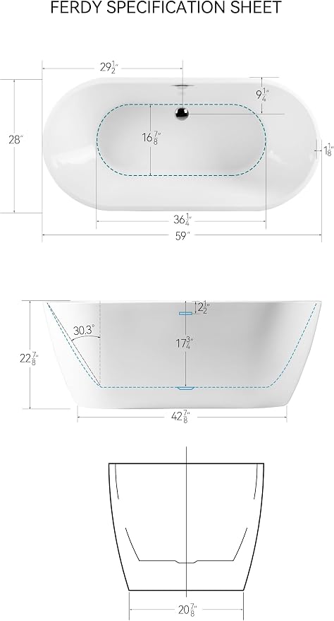 FerdY Bali 59" Acrylic Freestanding Bathtub, Gracefully Shaped Freestanding - Image 4