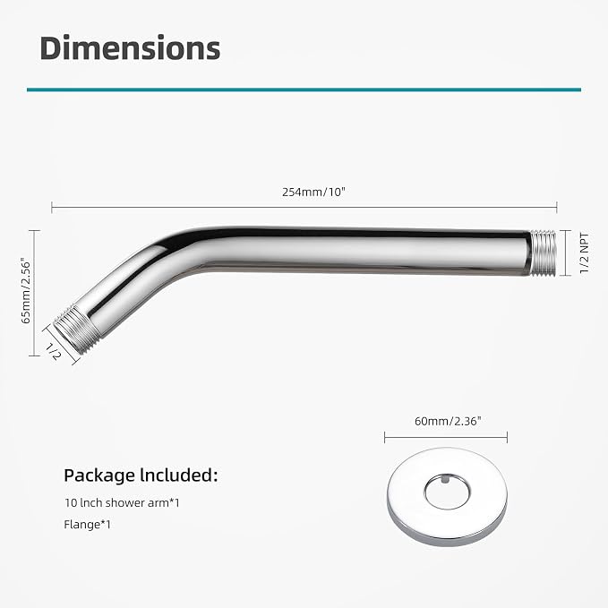 Cobbe Shower Arm with Flange and Teflon Tape, 10-Inches Wall Mounted Shower - Image 5