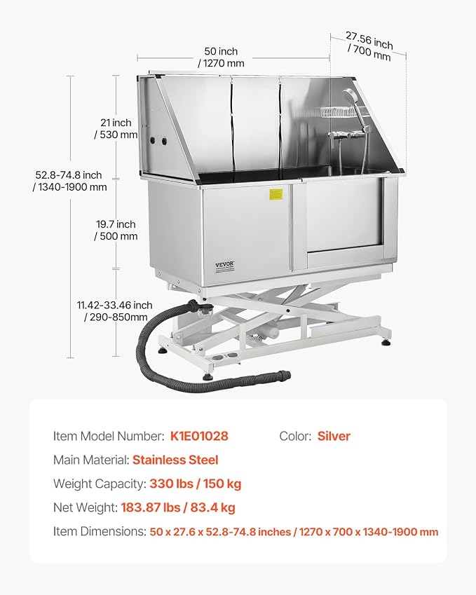 VEVOR Electric Lift Dog Washing Station, 50 inch Professional Stainless Steel - Image 7