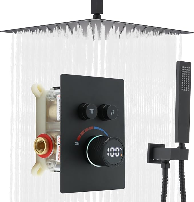 Digital Display Shower System Set 16 Inches Rain Fall Head Temperature Valve by Backnets