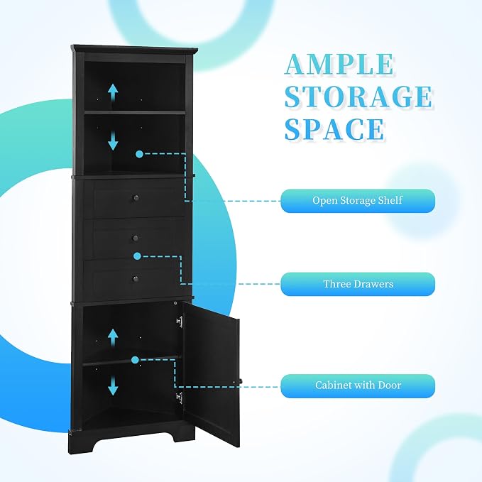 Storage Corner Cabinet with 3 Drawers and Door, Tall Line Pantry Home Space - Image 7