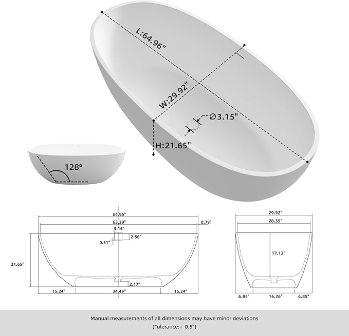 65'' Freestanding Bathtub Resin Stone Soaking Freestanding Tubs Matte Solid - Image 6