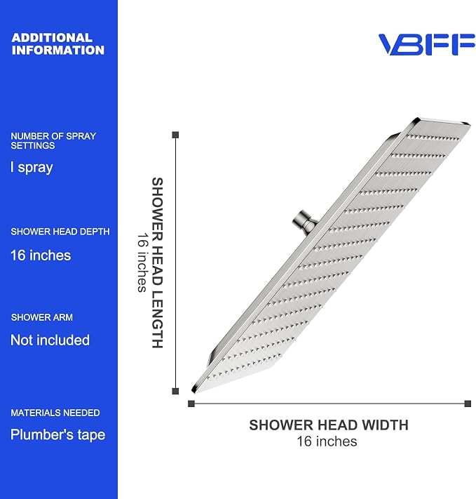 VBFF-Shower Head, rain shower head, 16 inch- Square Shower Head, 1.8 GPM Flow - Image 6