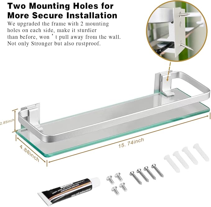 VOLPONE Bathroom Wall Shelf 15.7in Bathroom Glass Shelves Wall Mount Glass - Image 2