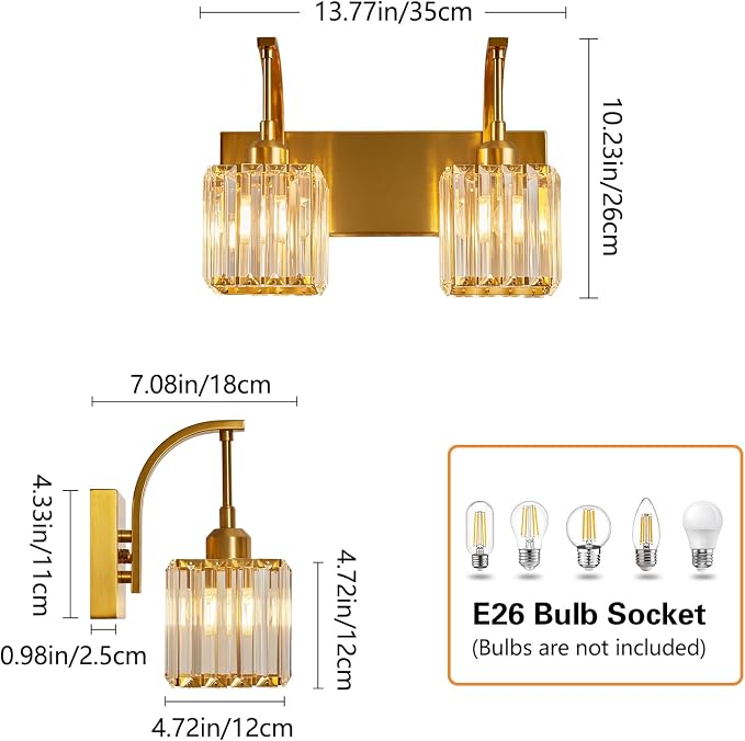 Crystal Vanity Lights 2-Light Gold Wall Lamp Modern Crystal Bathroom Light - Image 4