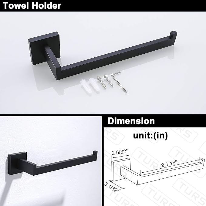 TURS 4 Pieces Bathroom Hardware Accessories Set Matte Black 16 Inch Towel Bar - Image 3