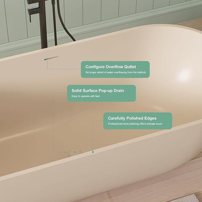 SJ STAR&JANE 69" Solid Surface Freestanding Bathtub, Milk Coffee Stone Resin - Image 7