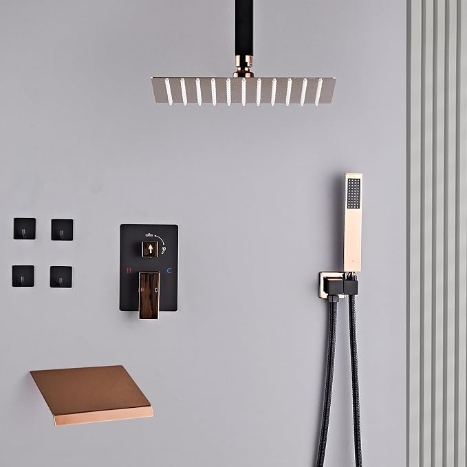 12 Inch Ceiling Mount Shower System Matte Black Gold Rain Mixer Shower Combo - Image 7
