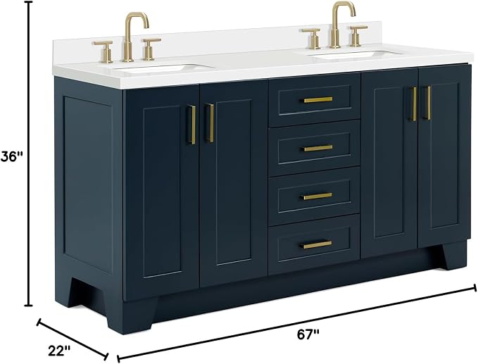 ARIEL Taylor 67" Midnight Blue Double Vanity, 1.5" Edge Pure White Quartz - Image 3