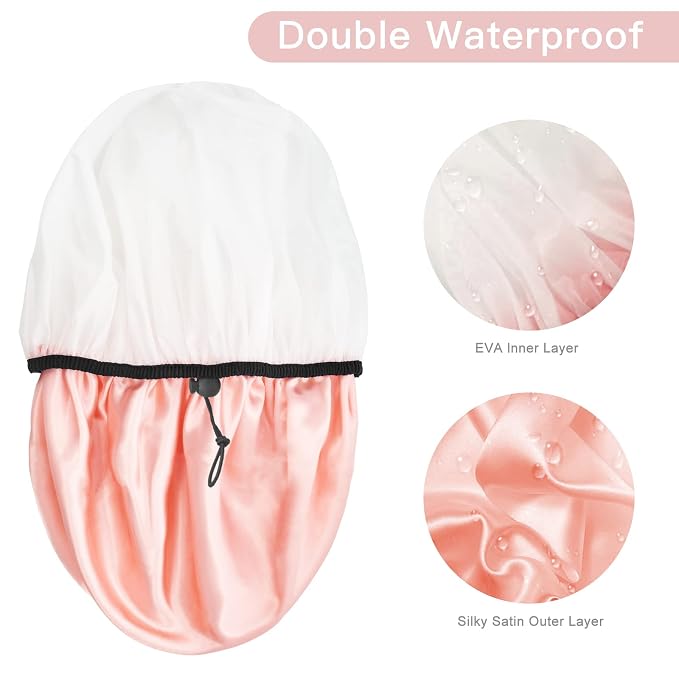 Auban Shower Cap for Women, Adjustable Reusable, Extra Large, Double-Layer - Image 4