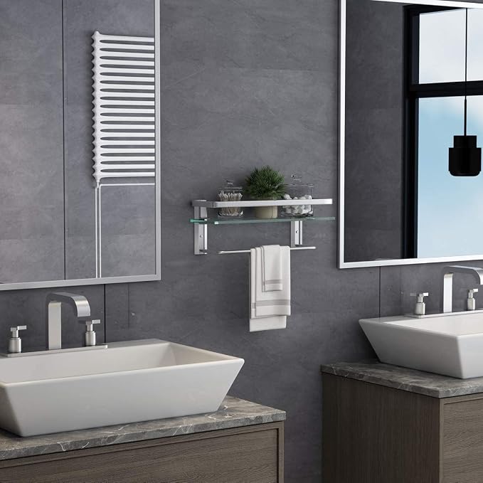 VOLPONE Glass Shelf with Towel Bar 15.7in Silver Bathroom Shelf Wall Mount - Image 3