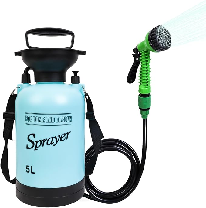 Portable Shower Blue 5L with 7 Spray Modes, Hand Press with Removable Hose and by JIESIHAO