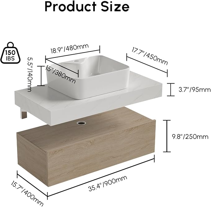 35.4" Floating Bathroom Vanity Wall-Mounted Storage Cabinet Single Piece Set - Image 2