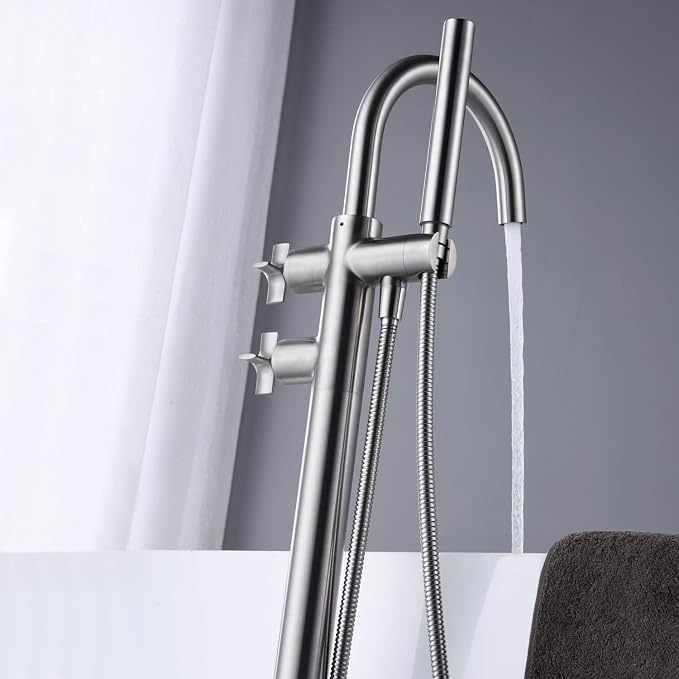 Tub Filler Freestanding Bathtub Faucet Brushed Nickel Floor Mount Brass Faucets - Image 4