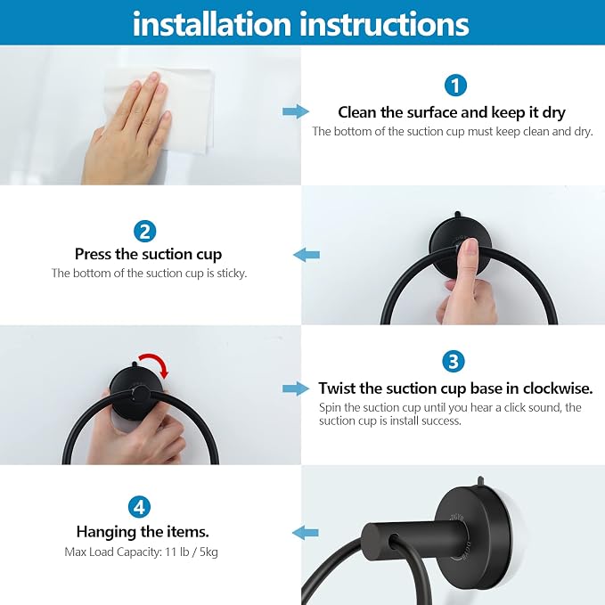 DGYB Suction Cup Hand Towel Ring Black Hand Towel Holder - Image 6