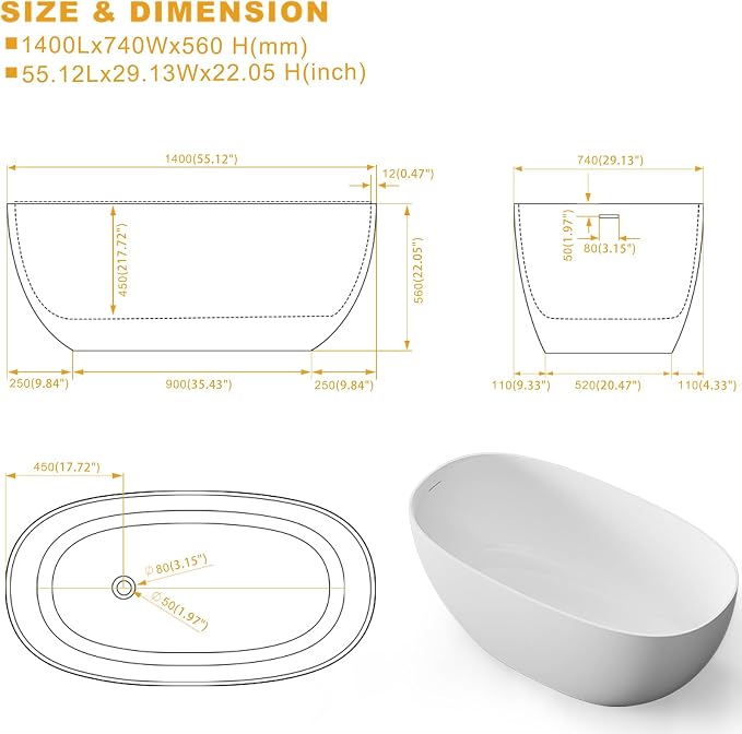 Stone Resin Freestanding Bathtubs, Soklawah 55" Solid Surface Luxury Soaking Tub - Image 7
