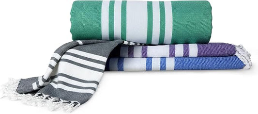 Turkish Cotton Beach Towel Pack of 4 & 1 Boho Tote Bag by Occosa-LuxuryHammamTowels