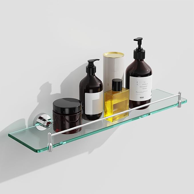 20 Inches Glass Shelves for Bathroom, Chrome Polished Floating Glass Shelf by HOMELIFE