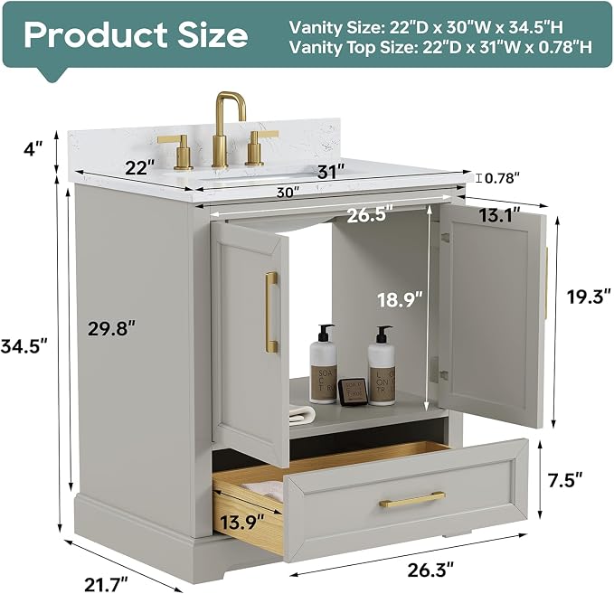 30 Inch Bathroom Vanity with Sink Combo, Solid Wood Frame with Mable Top - Image 2