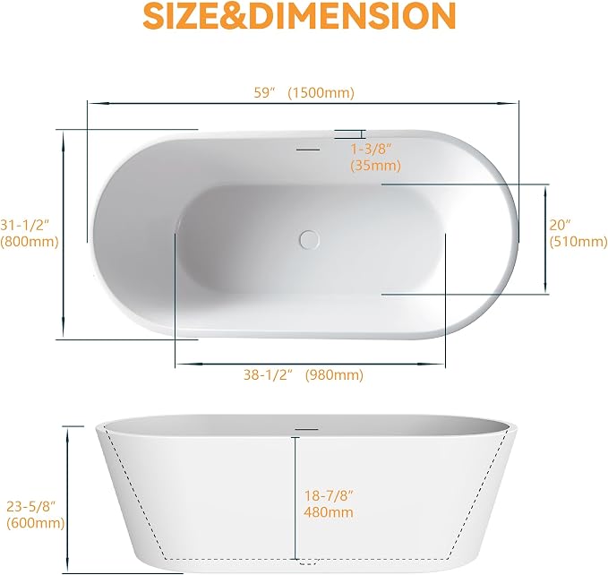 59" Acrylic Freestanding Bathtub, Free Standing Tub, Stand Alone Tub, Soaking - Image 8