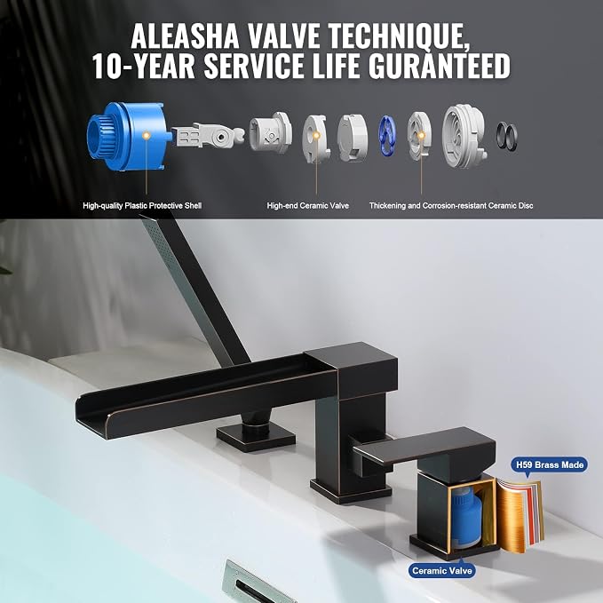 Waterfall Roman Tub Filler Faucet, Deck Mount Bathtub Filler - Image 4