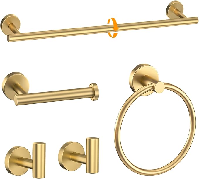 Brushed Gold Towel Bar Set 5 Pieces Round Bathroom Hardware Set Includes 23.6in by Woekme